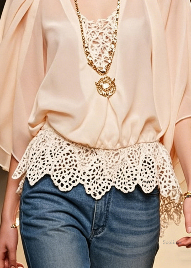 Pink Hollow Out Lace Patchwork Chiffon Shirts Batwing Sleeve