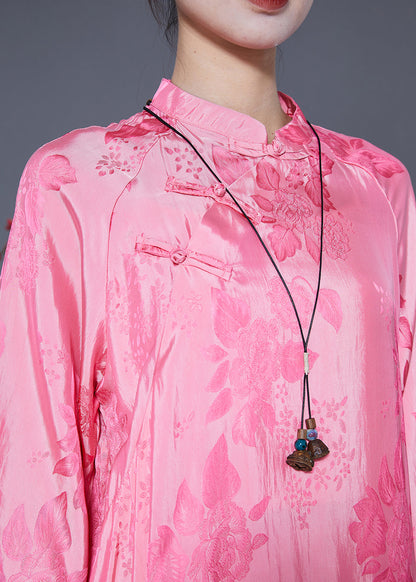 Pink Mandarin Collar Chinese Button Jacquard Silk Dress Summer