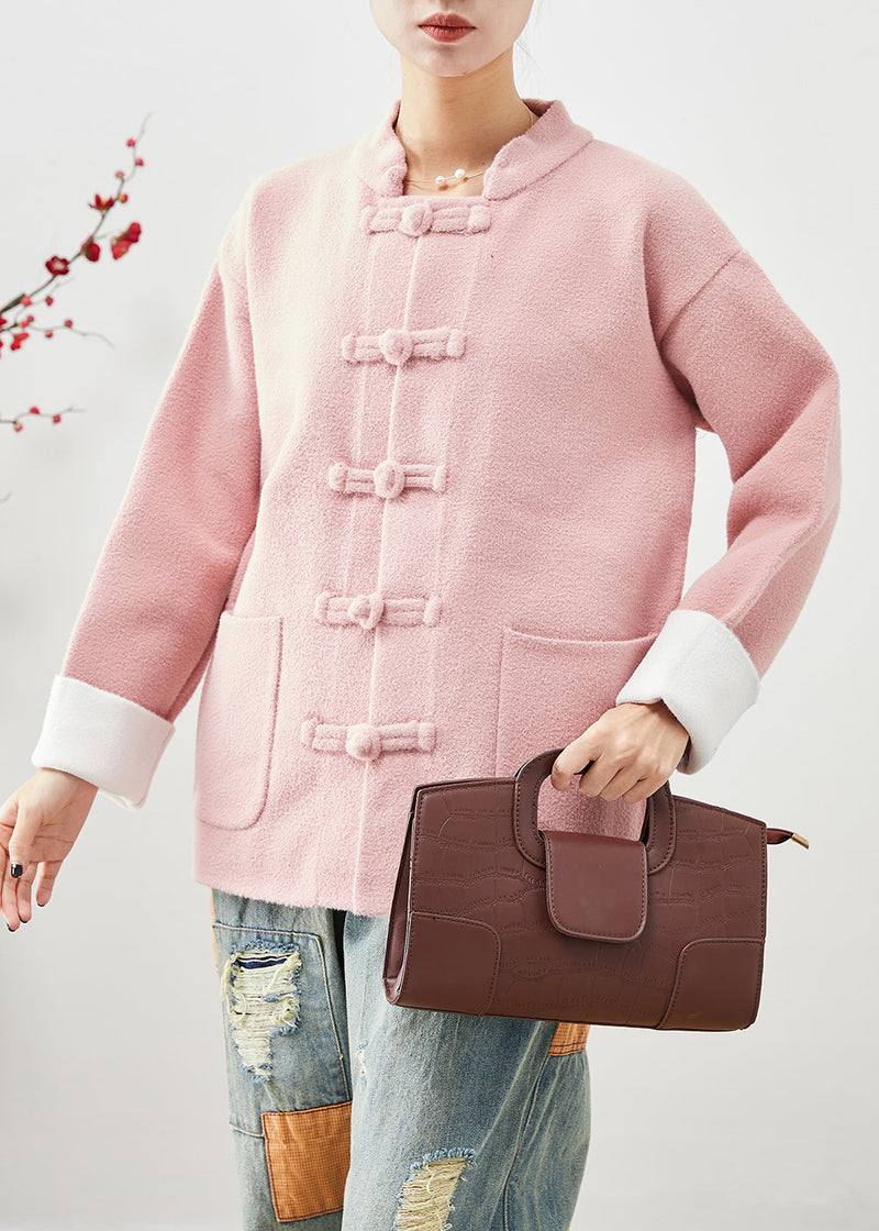 Pink Mandarin Collar Chinese Button Pockets Woolen Coats Fall