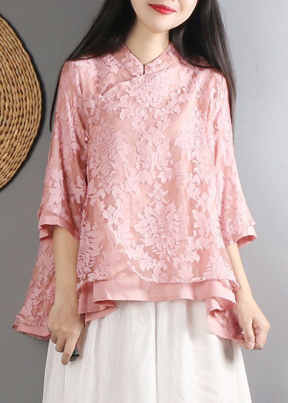 Pink Mandarin Collar Cotton Shirt Top Bracelet Sleeve