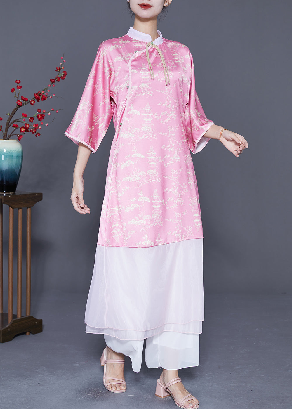 Pink Mandarin Collar Patchwork Tassel Silk Long Dresses Summer