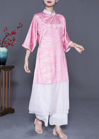 Pink Mandarin Collar Patchwork Tassel Silk Long Dresses Summer