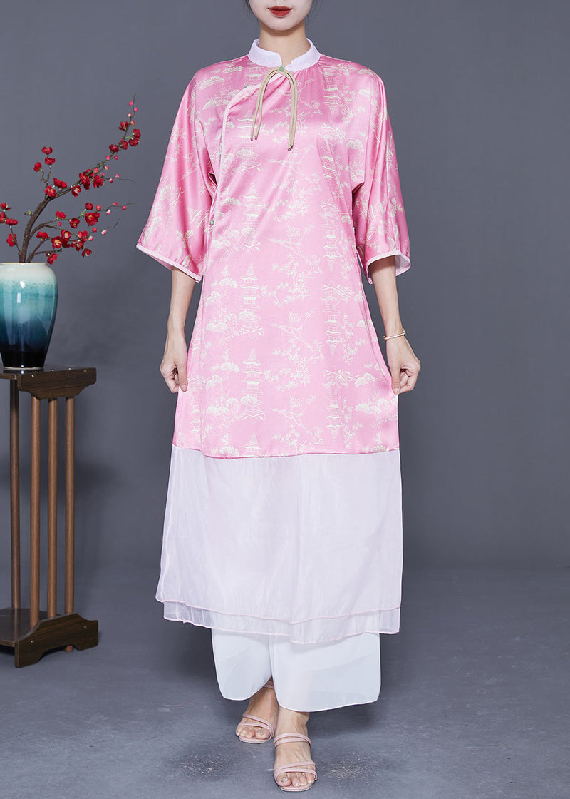 Pink Mandarin Collar Patchwork Tassel Silk Long Dresses Summer