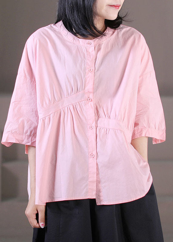 Pink O-neck Asymmetrical Wrinkled Cotton Shirts Half Sleeve