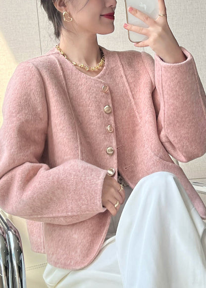 Pink O Neck Button Woolen Short Coat Spring