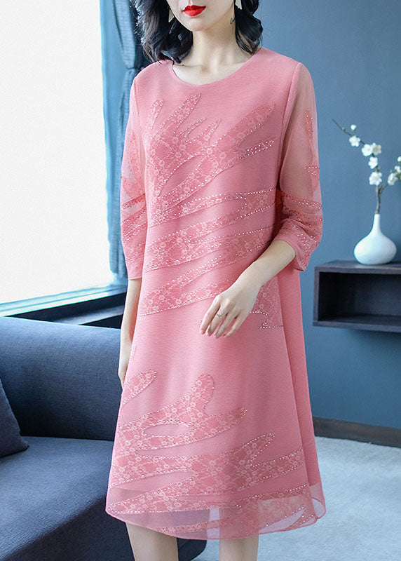 Pink O-neck Embroidered Tulle Maxi Dresses Fall