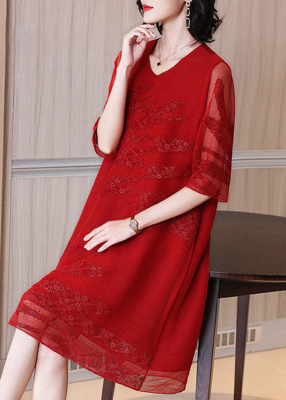 Pink O-neck Embroidered Tulle Maxi Dresses Fall
