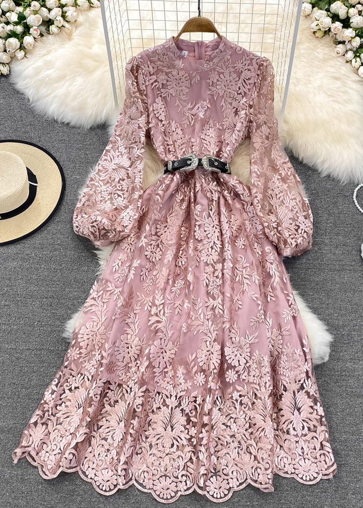 Pink O-neck Embroideried Tunic Sashes Tulle Maxi Dress Lantern Sleeve