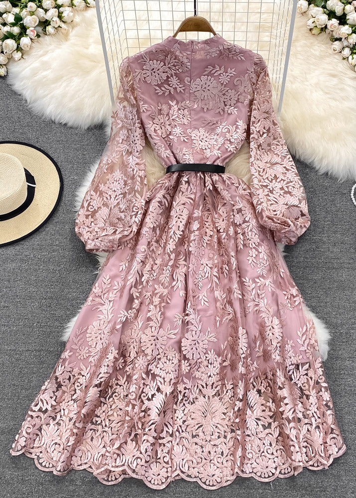 Pink O-neck Embroideried Tunic Sashes Tulle Maxi Dress Lantern Sleeve