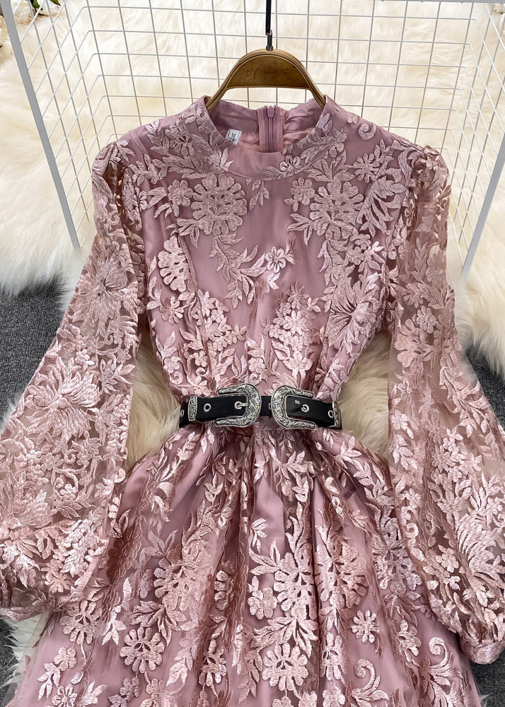 Pink O-neck Embroideried Tunic Sashes Tulle Maxi Dress Lantern Sleeve