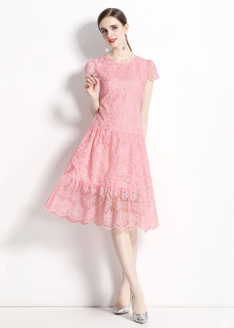 Pink O Neck Hollow Out Embroideried Patchwork Lace Dresses Summer