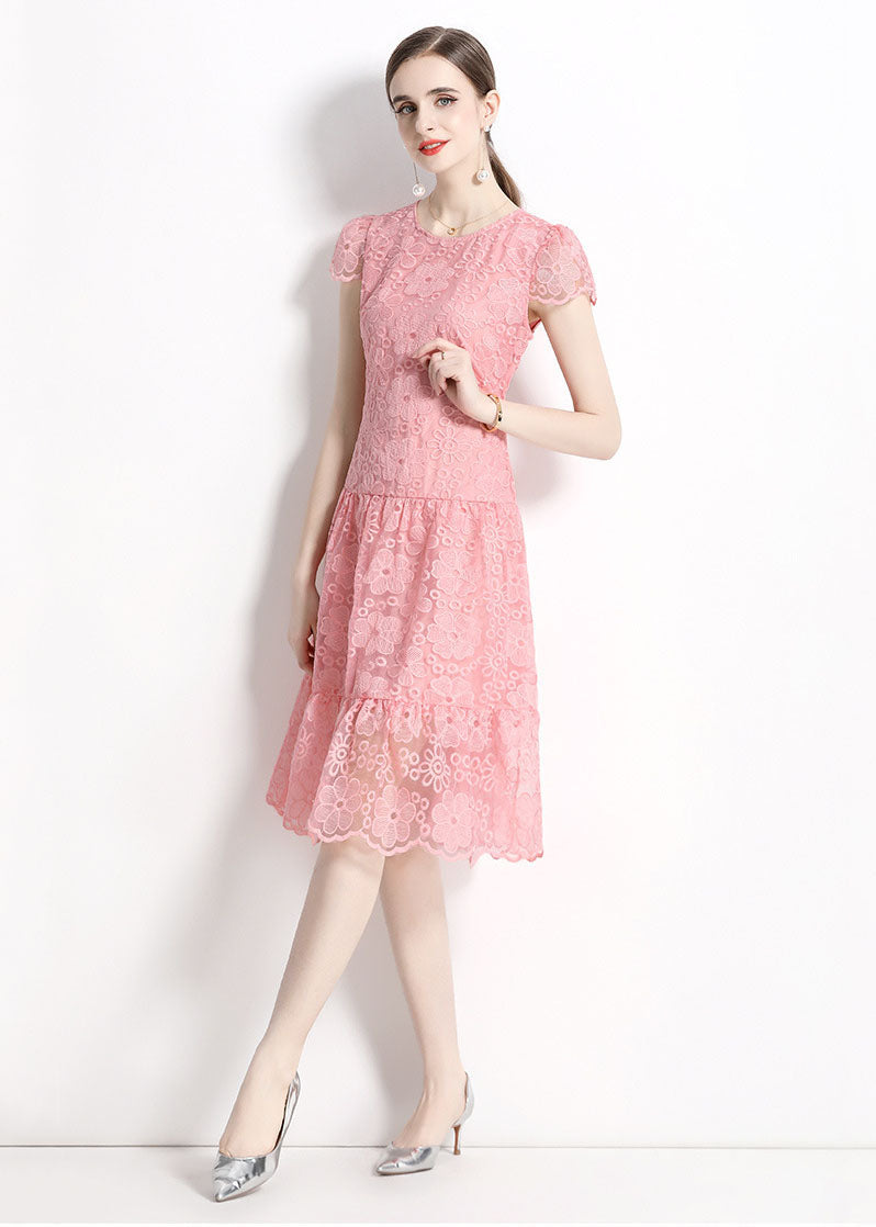 Pink O Neck Hollow Out Embroideried Patchwork Lace Dresses Summer
