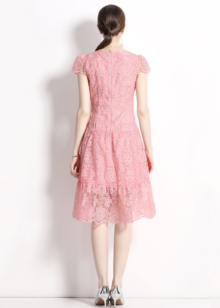 Pink O Neck Hollow Out Embroideried Patchwork Lace Dresses Summer