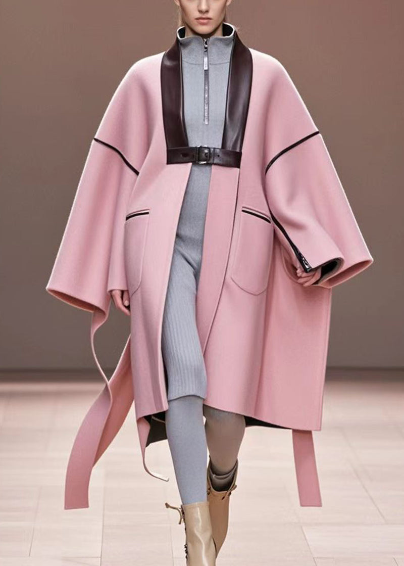 Pink Oversized Patchwork Woolen Trench Fall