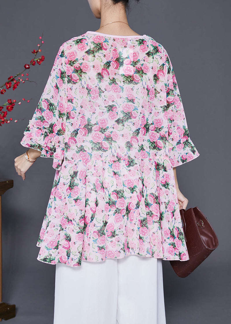 Pink Oversized Print Chiffon Tops Flare Sleeve