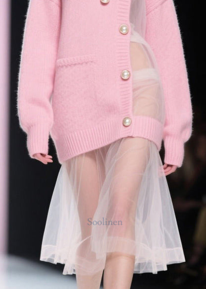Pink Patchwork Tulle Pearl Knitted Dress Fall