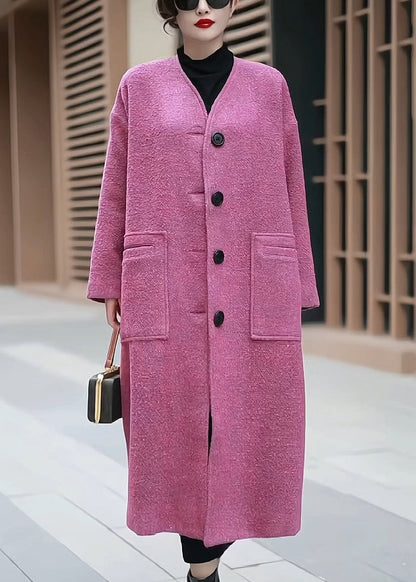 Pink Pockets Back Side Open Woolen Coats Winter