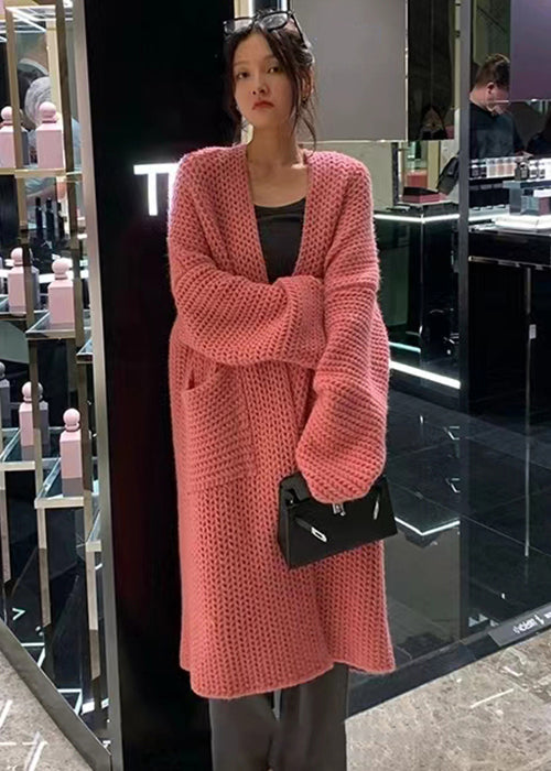 Pink Pockets Hollow Out Knit Cardigans Long Sleeve