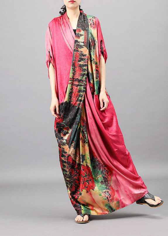 Pink Pockets Print Patchwork Fall Half Sleeve Dress