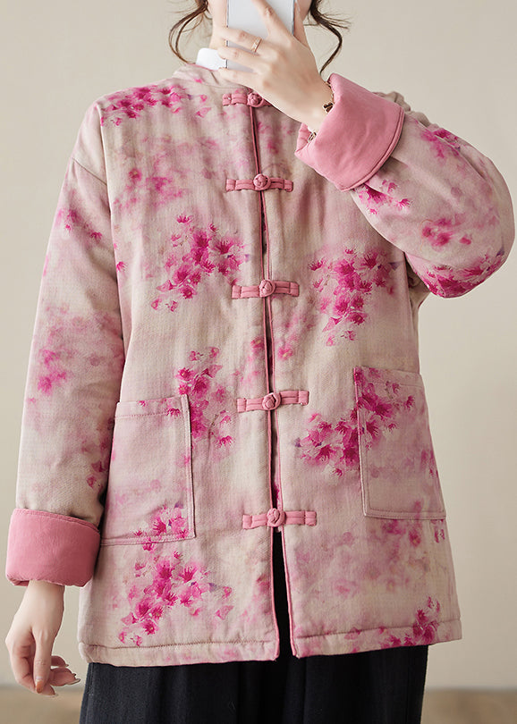 Pink Print Button Pockets Cotton Filled Parkas Winter