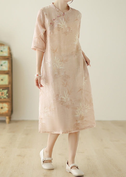 Pink Print Pockets Cotton Dress Half Sleeve