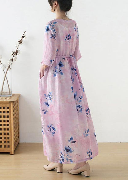 Pink Print Tie Waist Maxi Dresses Summer Ramie