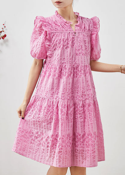 Pink Puff Sleeve Ruffled Wrinkled Day Dress Summer