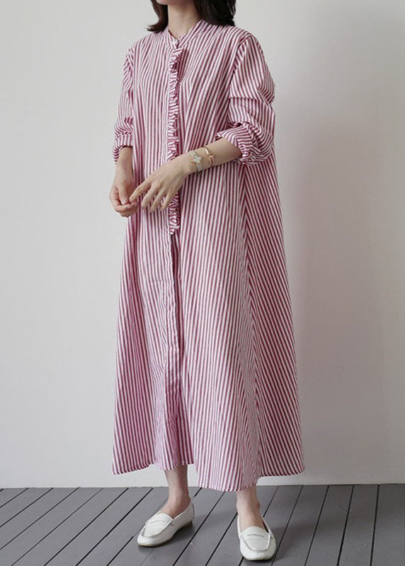 Pink Red Striped Ruffled Patchwork Cotton Shirt Dresses Spring