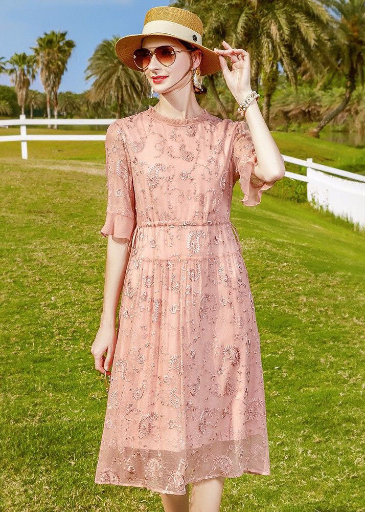Pink Ruffled Embroideried Tie Waist Silk Cinch Dress Half Sleeve