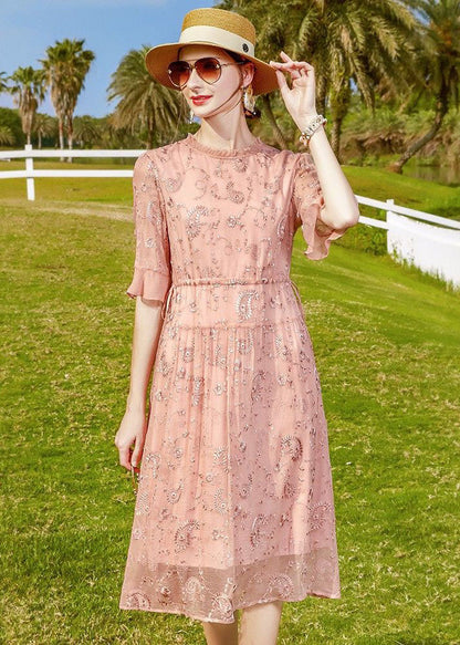 Pink Ruffled Embroideried Tie Waist Silk Cinch Dress Half Sleeve