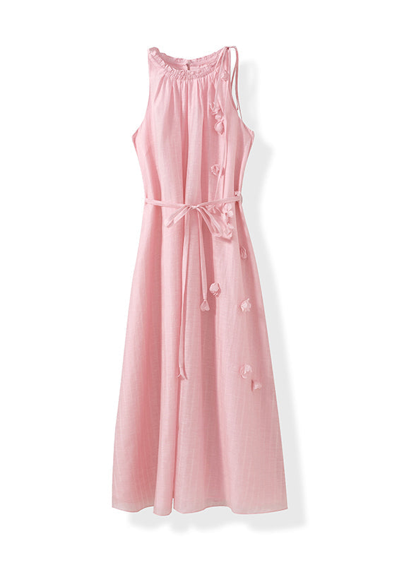 Pink Ruffled Cotton Long Dress Sleeveless