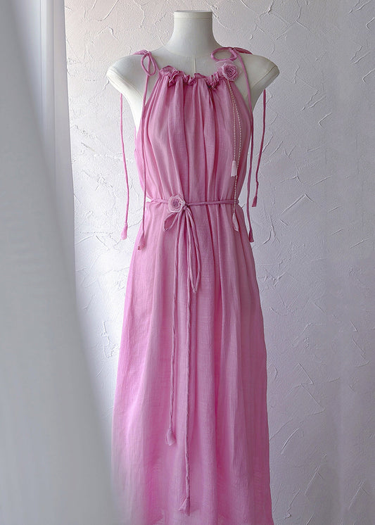 Pink Ruffled Lace Up Cotton Long Dress Sleeveless