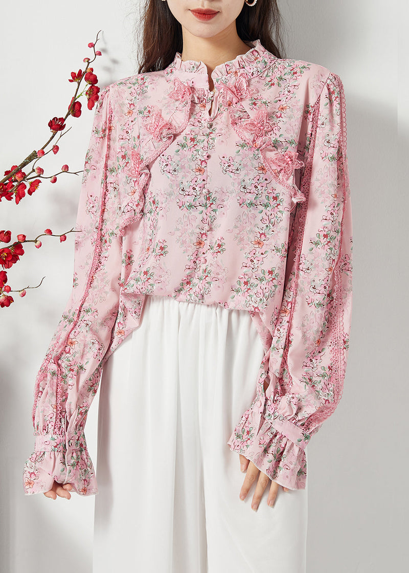 Pink Ruffled Patchwork Butterfly Chiffon Shirt Spring