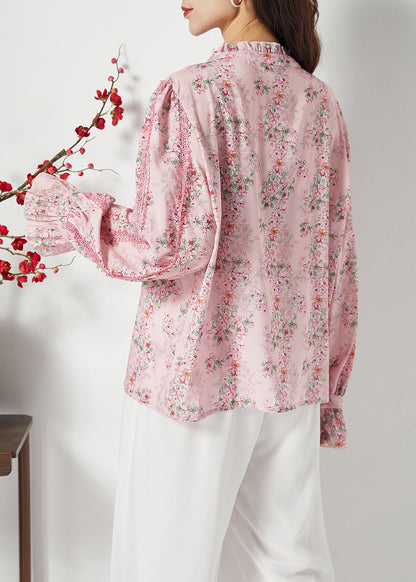 Women Pink Ruffled Patchwork Butterfly Chiffon Shirt Spring