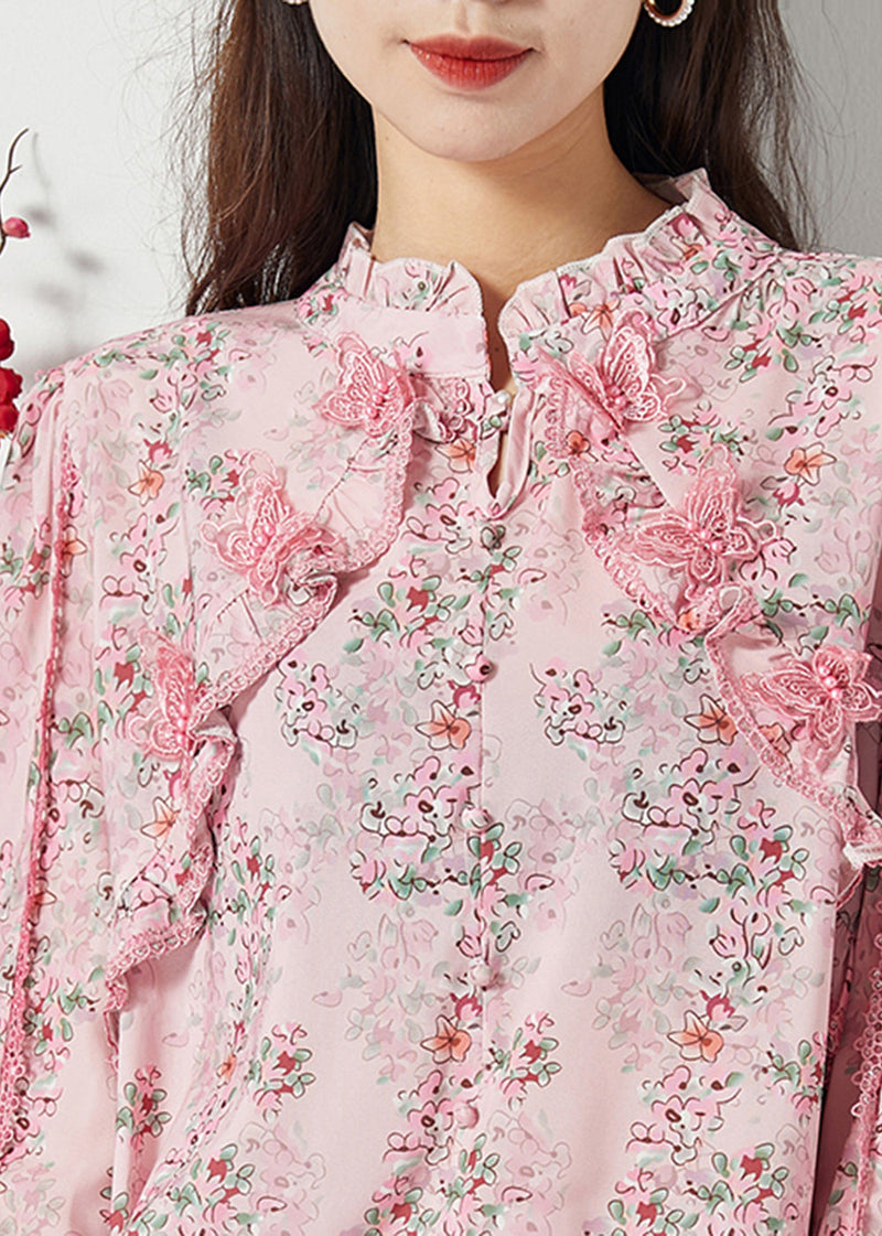 Pink Ruffled Patchwork Butterfly Chiffon Shirt Spring