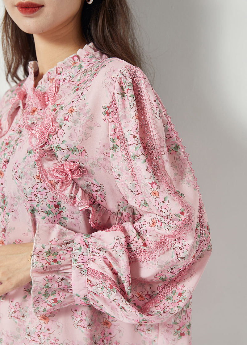 Pink Ruffled Patchwork Butterfly Chiffon Shirt Spring
