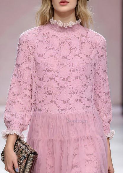 Pink Ruffled Patchwork Tulle Party Dress Spring