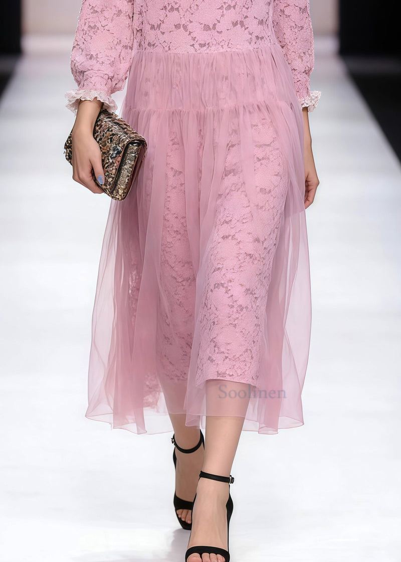 Pink Ruffled Patchwork Tulle Party Dress Spring