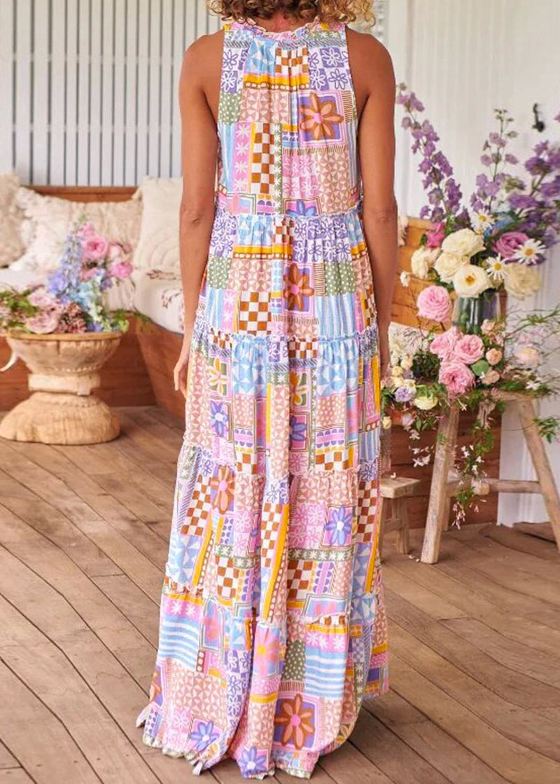 Pink Ruffled Print Cotton Long Dresses Sleeveless