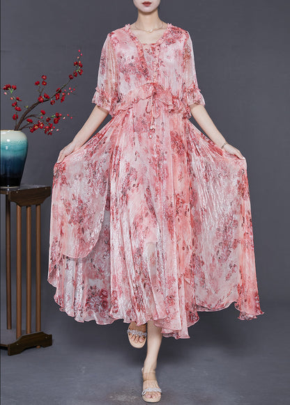 Pink Ruffled Print Silk Maxi Dresses Summer