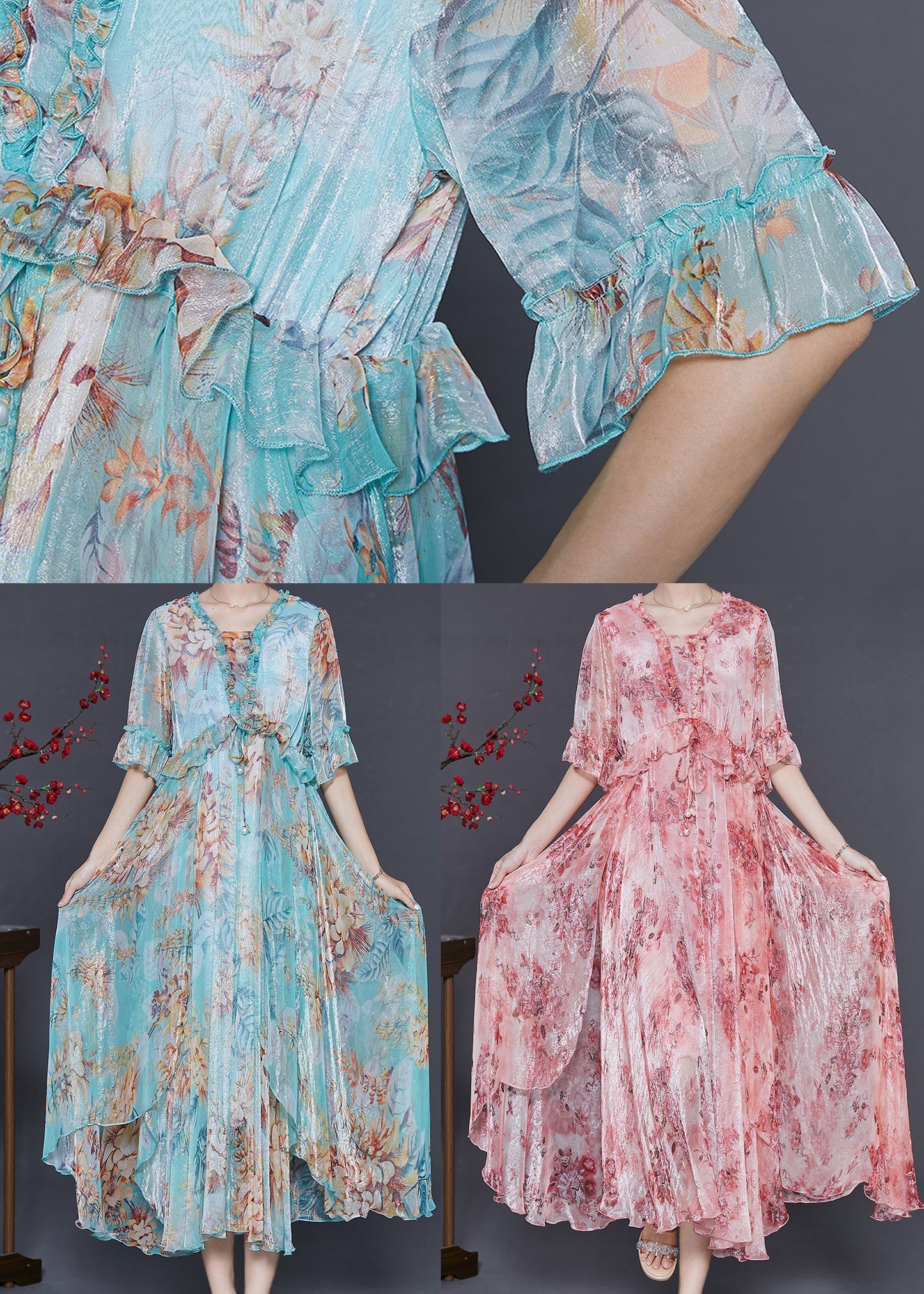Pink Ruffled Print Silk Maxi Dresses Summer