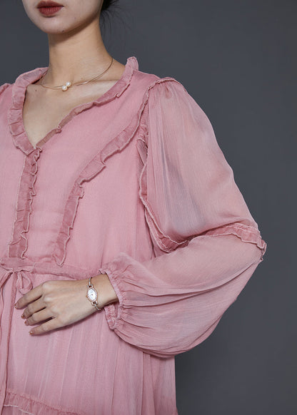 Pink Ruffled Tie Waist Chiffon Vacation Dresses Spring
