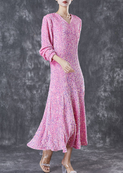 Pink Sequins Wrinkled Silk Velour Dress Vestidos Spring