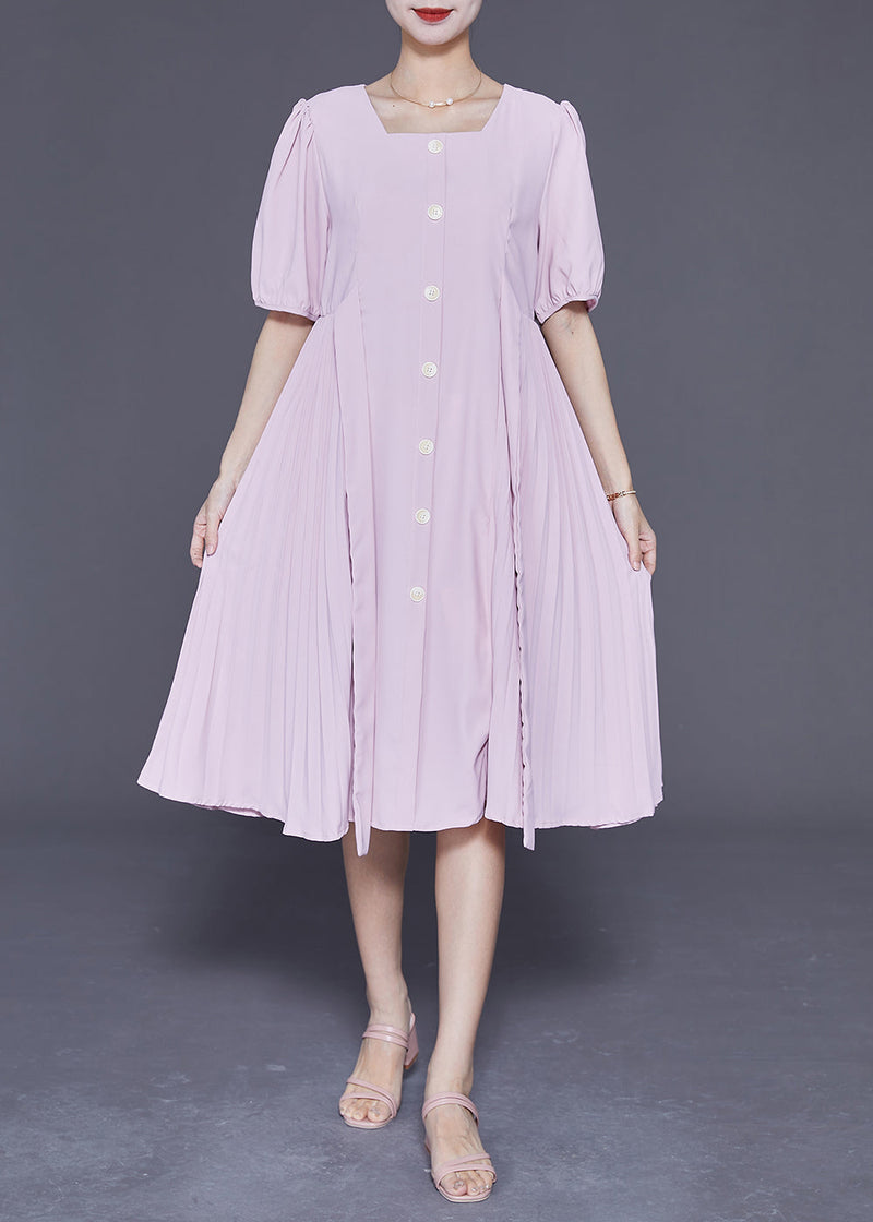 Pink Square Collar Tie Waist Pleated Dresses Summer