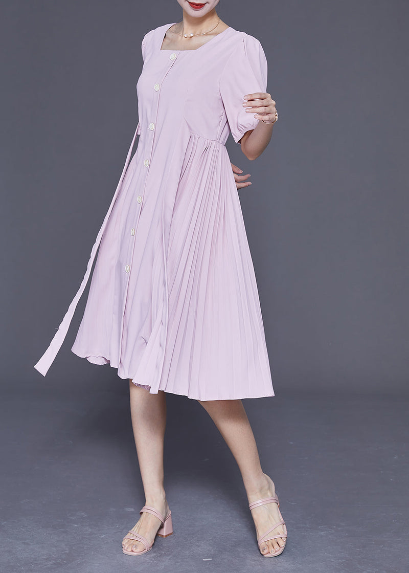 Pink Square Collar Tie Waist Pleated Dresses Summer