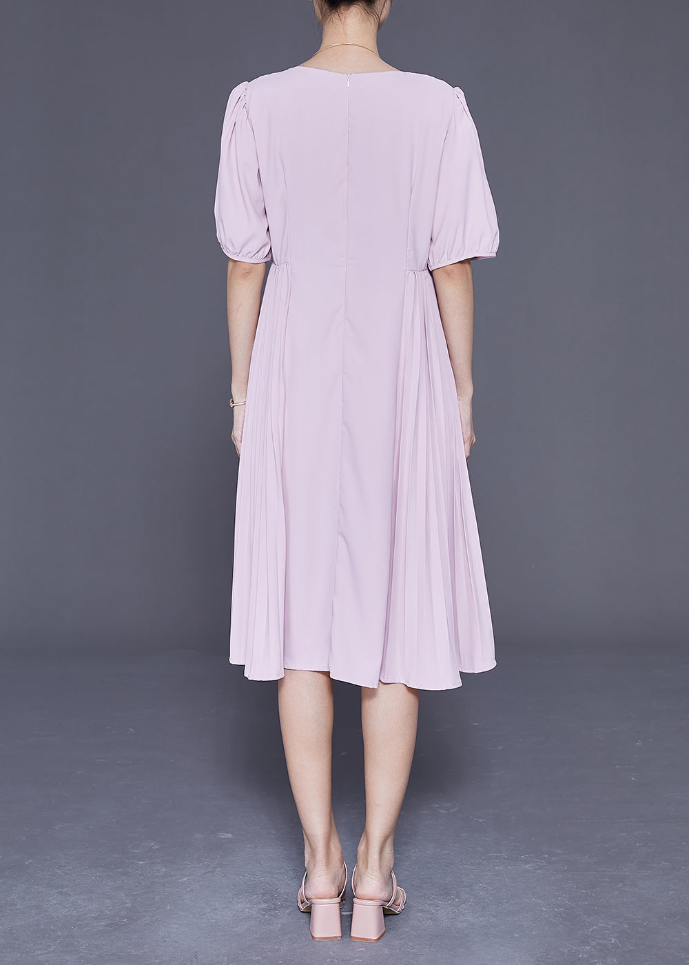Pink Square Collar Tie Waist Pleated Dresses Summer