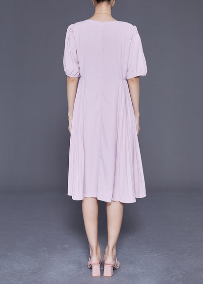 Pink Square Collar Tie Waist Pleated Dresses Summer