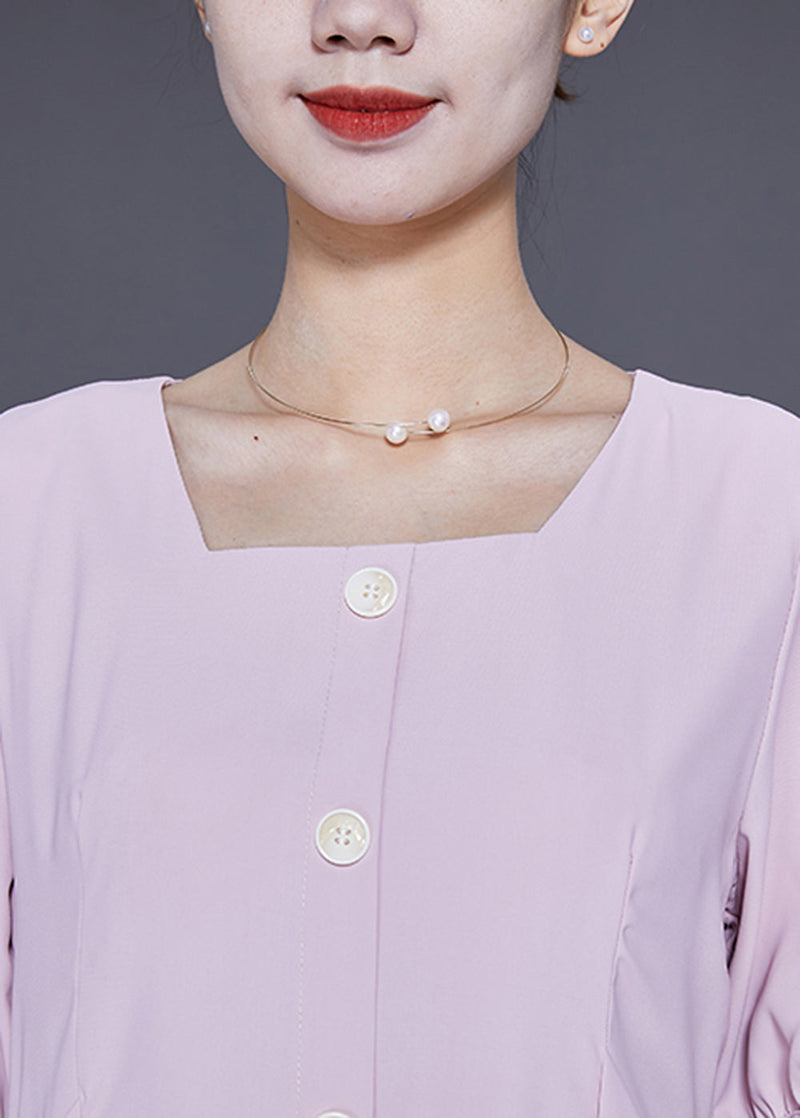 Pink Square Collar Tie Waist Pleated Dresses Summer