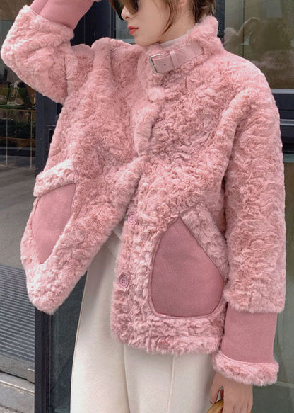 Pink Stand Collar Pockets Faux Fur Winter Coats