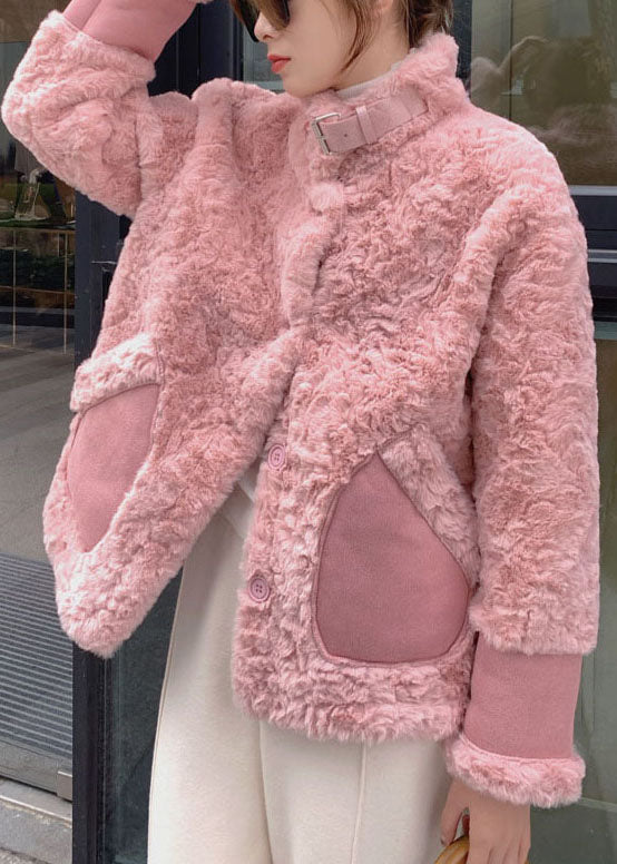 Pink Stand Collar Pockets Faux Fur Winter Coats